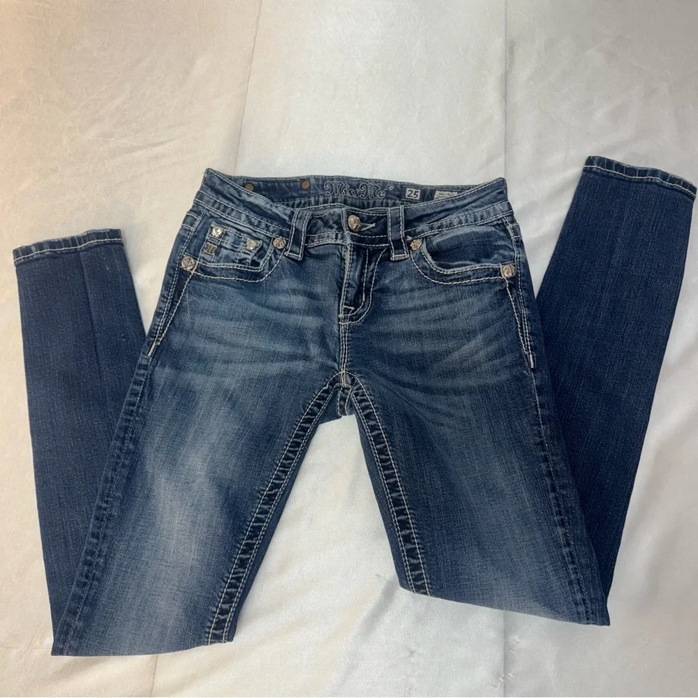 Miss Me Women's Ankle Mid Rise Skinny Rhinestones Embellished Denim Blue Jeans - Picture 6 of 11